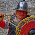 A portrait of a soldier on the medieval battle day. Bulgaria was a significant military power in the middle ages and this is marked by periodic re-enactments.