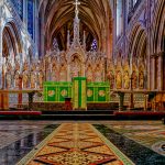 Victorian Minton tiles and the alter of Lichfield Cathedral, Staffordshire. The cathedral is the the only medieval three spired Cathedral in the UK. The current building is largely restored by Sir Gilbert Scott.